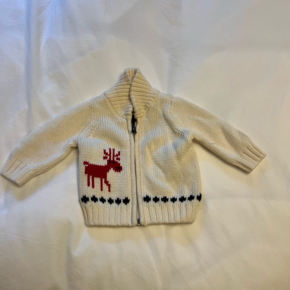 Hanna Andersson Cream Reindeer Zip-Up Knit Sweater - 0- 3 months